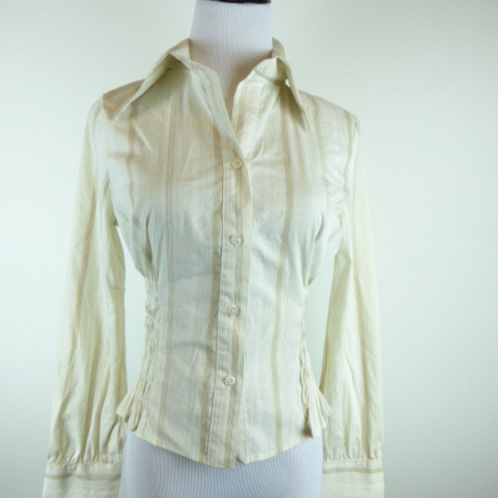 BEBE shirt beige white stripe long sleeve button up top NWT mod 70s vibe S